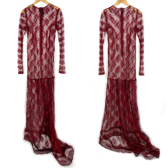 Michelle Lesniak Red Lace Dress Sheer Long Sleeve Maxi Train Formal Prom OOAK S - Picture 1 of 9